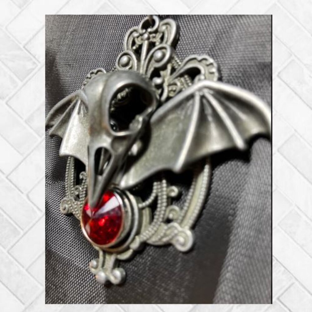 "Evil Bat" Bird Skeleton Head and Ruby-Colored Austrian Crystal Pendant - Picture 5 of 11